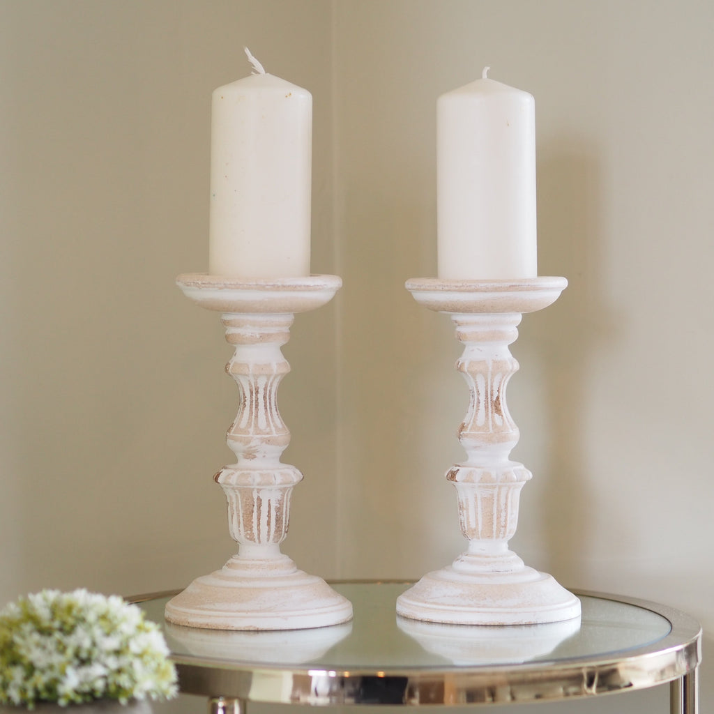 Whitewashed Wood Pillar Candle Holders - Pair - view 2