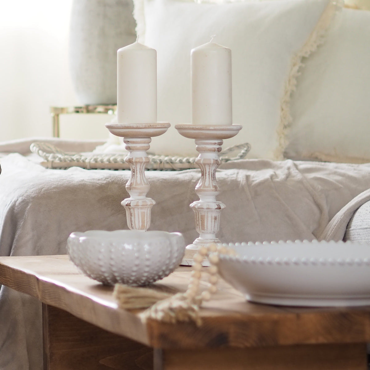 Whitewashed Wood Pillar Candle Holders - Pair - view 4