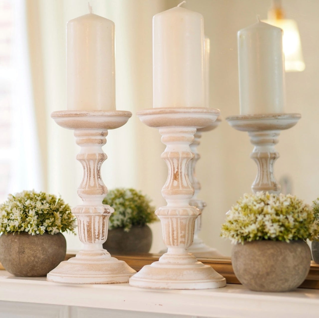 Whitewashed Wood Pillar Candle Holders - Pair - view 1